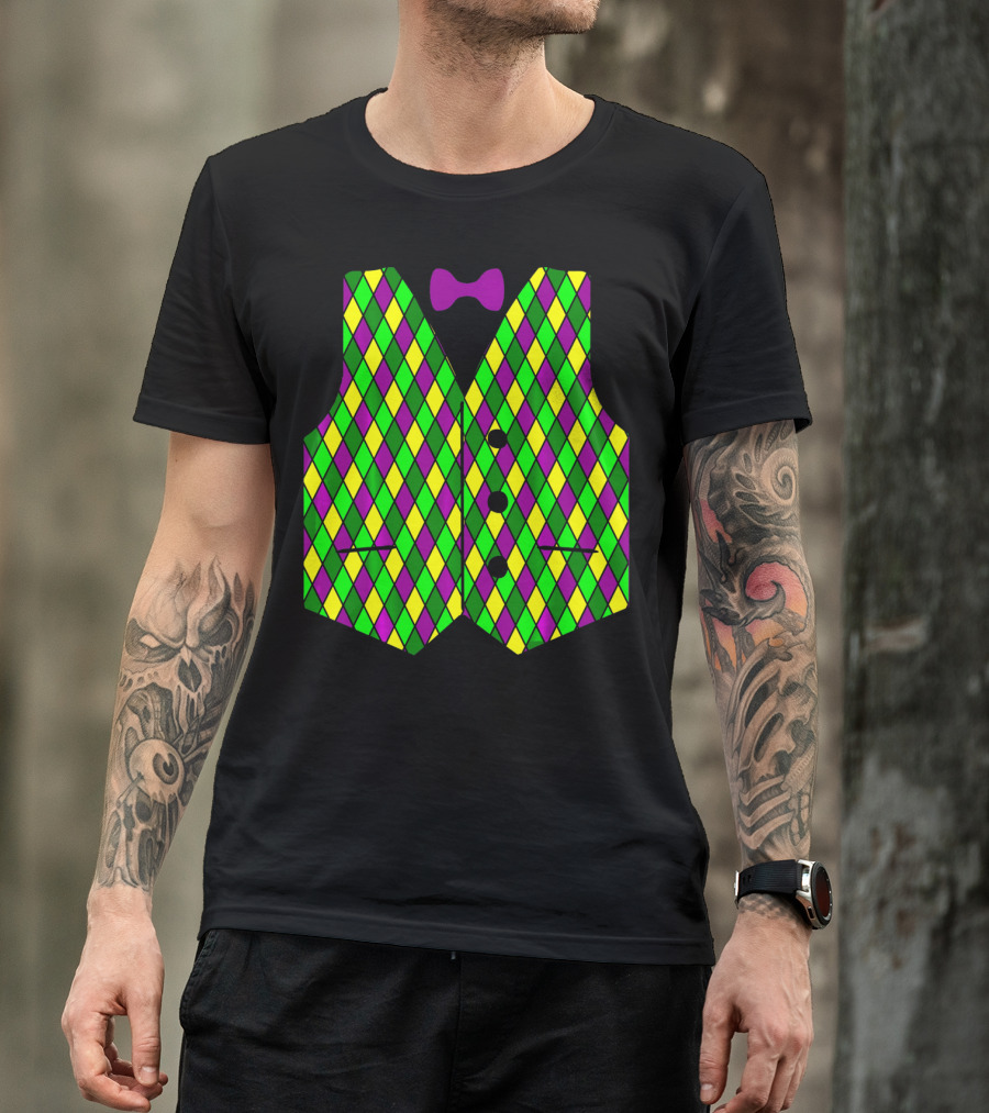 Mardi Gras Vest Harlequin Pattern Diamond Print Bowtie T-Shirt