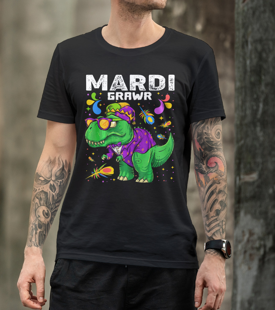 Mardi Gras T Rex Dinosaur Grawr Outfit With Beads And Colors T-Shirt