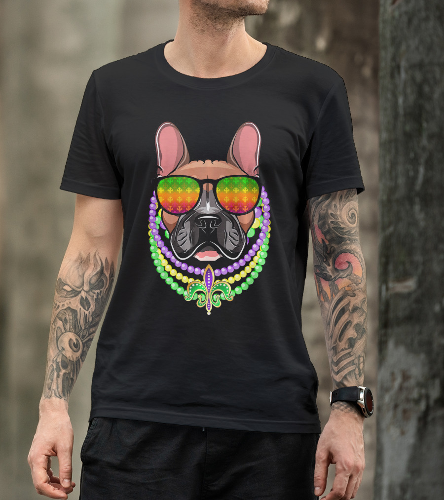 French Bulldog With Beads And Fleur-de-Lis Sunglasses For Mardi Gras T-Shirt