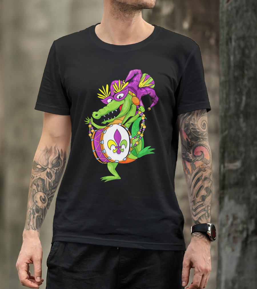Cute Mardi Gras Alligator Jester Hat Drum Beads Fleur-de-Lis T-Shirt