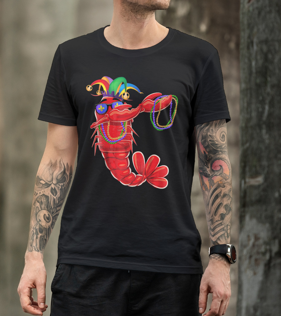 Mardi Gras Lobster Dabbing With Colorful Beads And Jester Hat T-Shirt