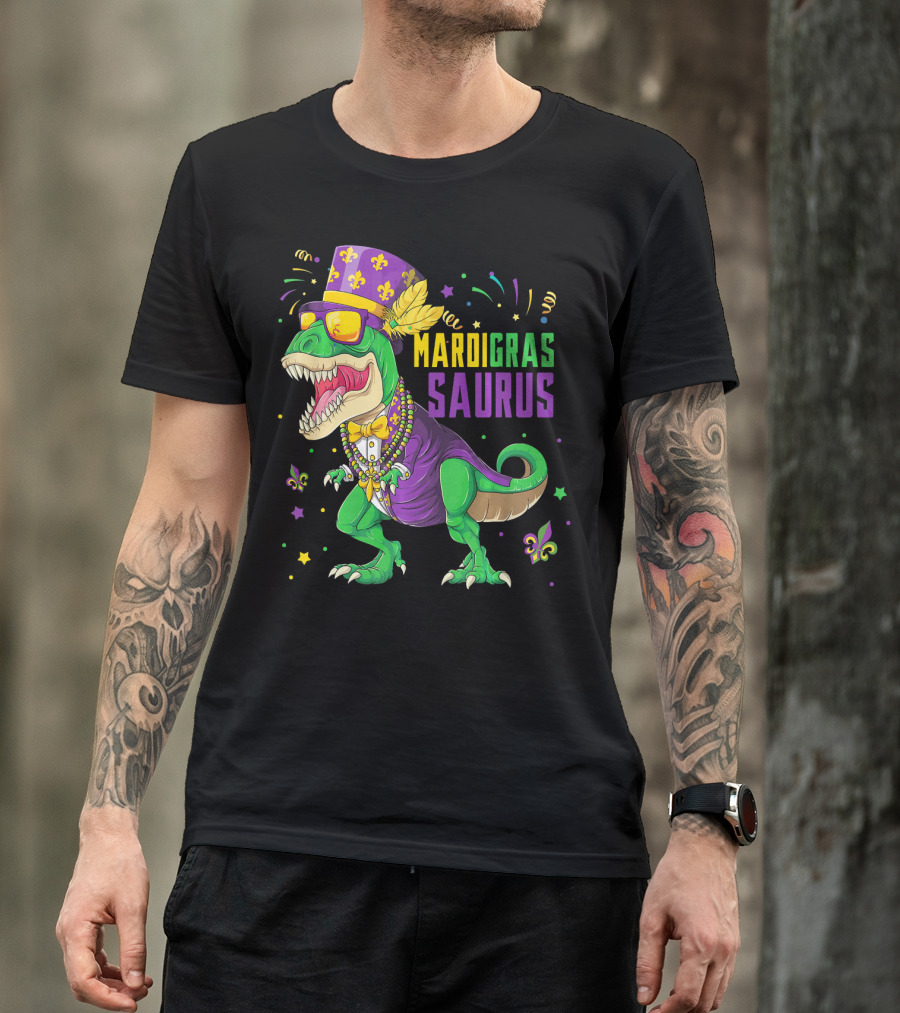 Mardi Gras Saurus T Rex Dinosaur Jester Kids T-Shirt