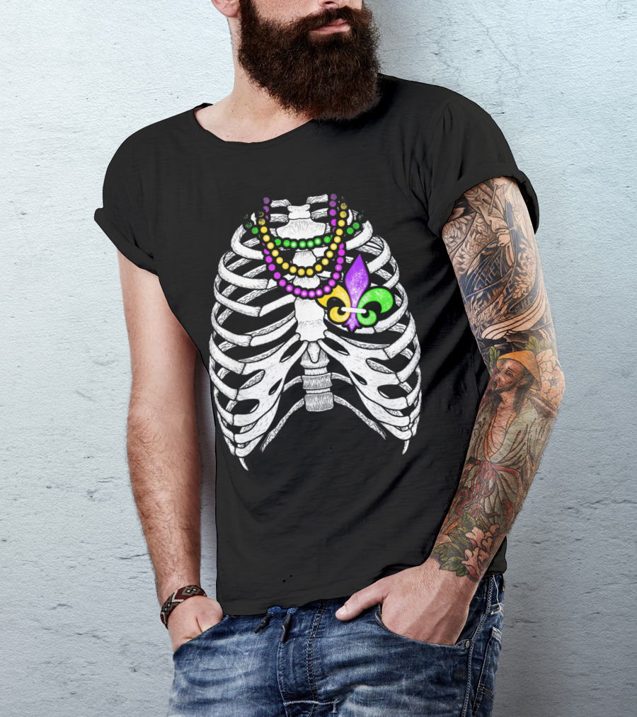 Mardi Gras Beads Skeleton Fleur De Lis Ribcage Heart T-Shirt