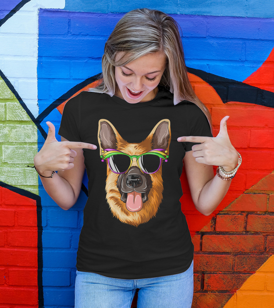 German Shepherd Wearing Mardi Gras Sunglasses T-Shirt