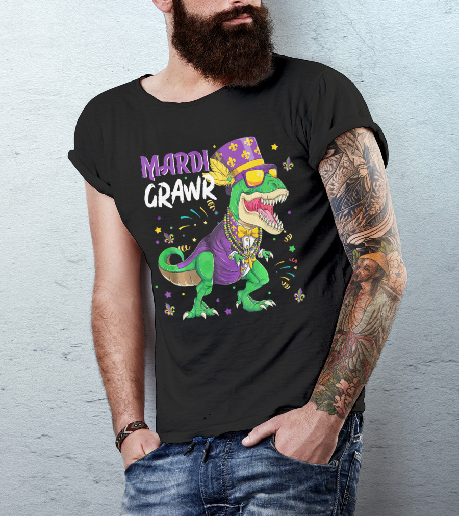 Mardi Grawr Rex Funny Dinosaur With Festive Hat And Beads T-Shirt