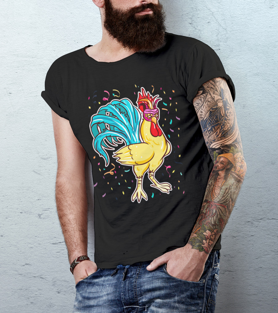 Chicken Mardi Gras Carnival Rooster With Colorful Feathers And Confetti T-Shirt