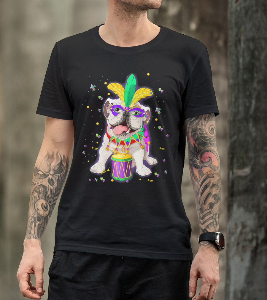 Mardi Gras Bulldog With Mask Beads And Drum T-Shirt
