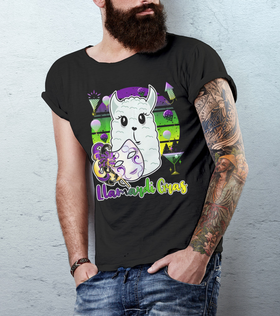 Llamardi Gras Mardi Gras Carnival Mask And Llama With Cocktail And Party Elements T-Shirt
