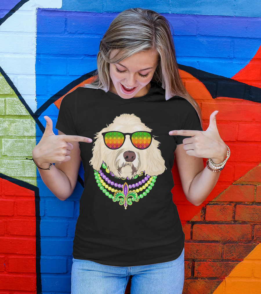 Goldendoodle In Beads And Shades Mardi Gras Fleur-de-Lis T-Shirt