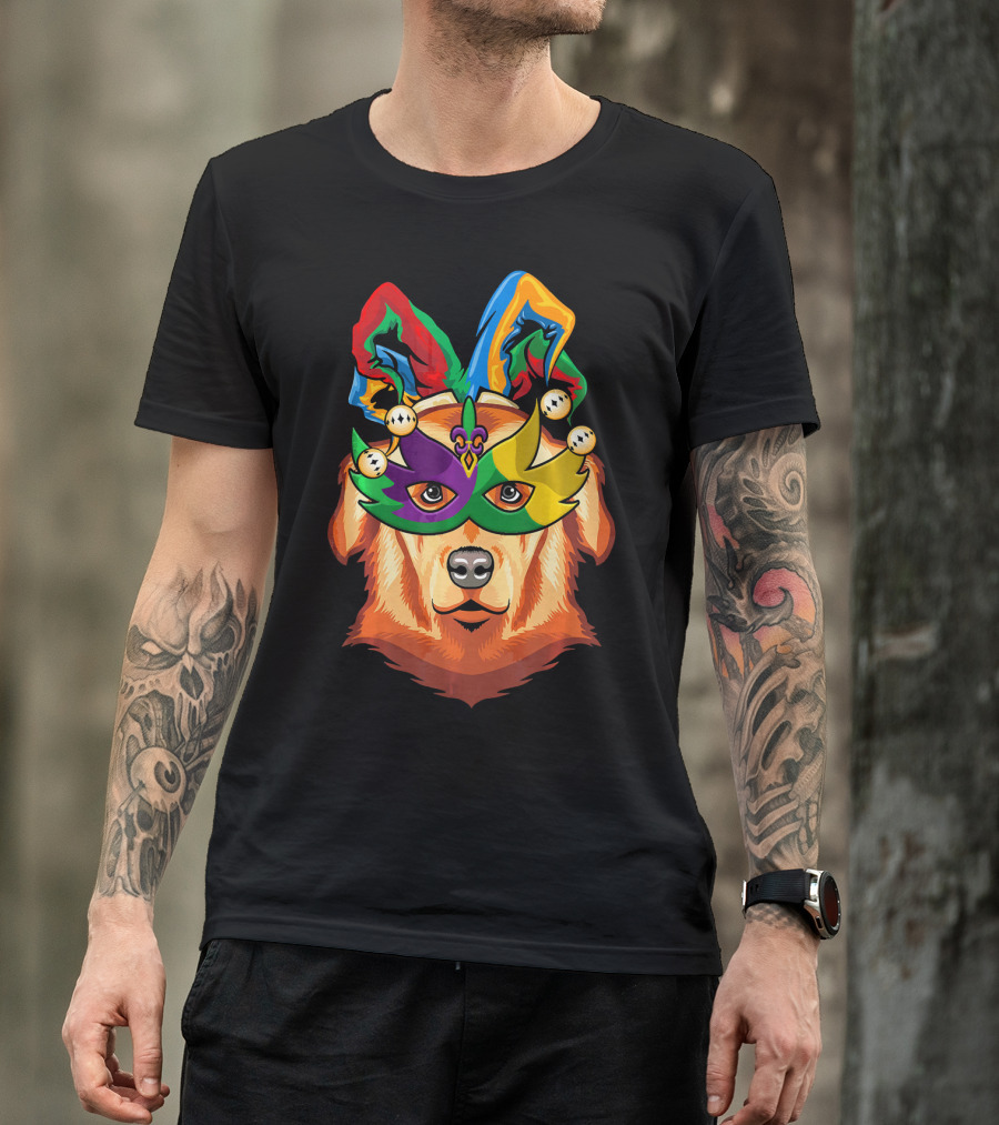 Golden Retriever Jester Mask Mardi Gras Beads Fleur-de-Lis T-Shirt