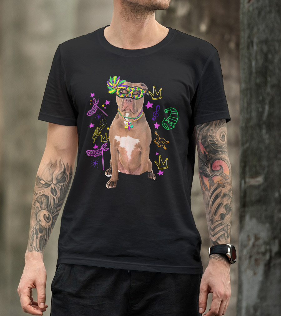 Pit Bull Mardi Gras Dog Mom Party Festive Mask Beads Crowns Music Notes T-Shirt