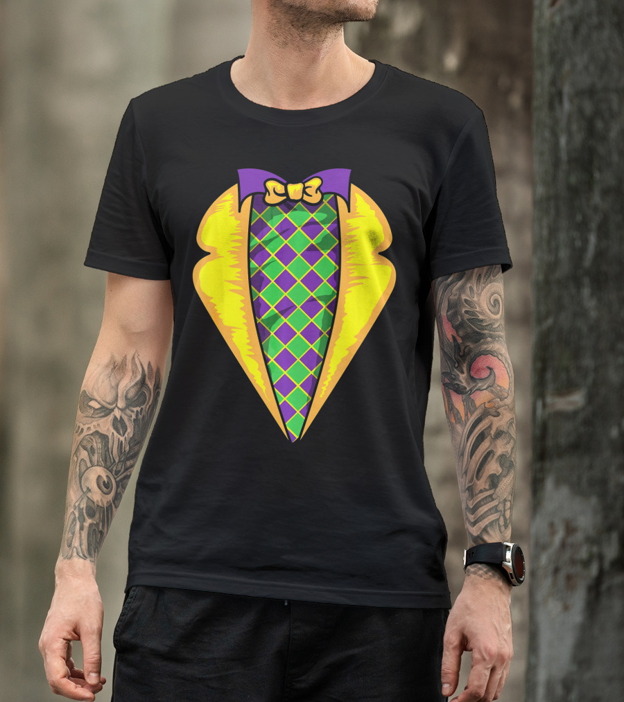 Mardi Gras Tuxedo Costume Yellow Purple Bow Tie Checker T-Shirt