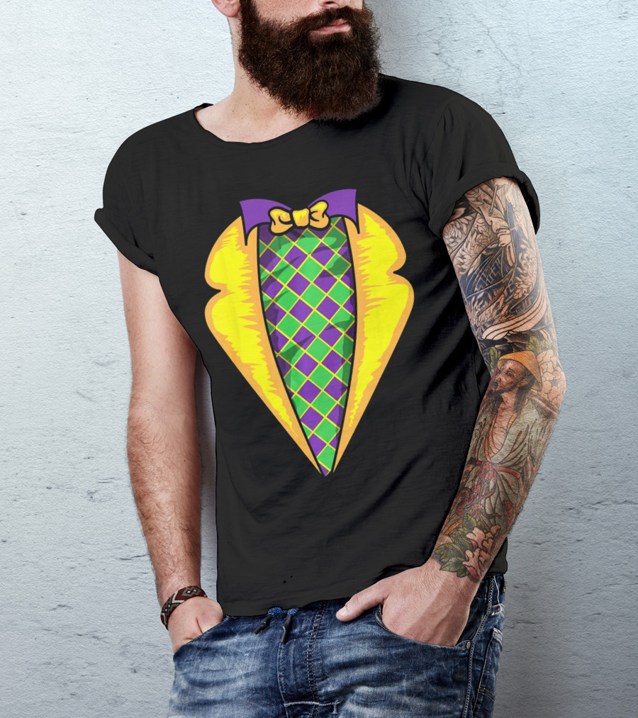 Mardi Gras Tuxedo Costume Yellow Purple Bow Tie Checker T-Shirt