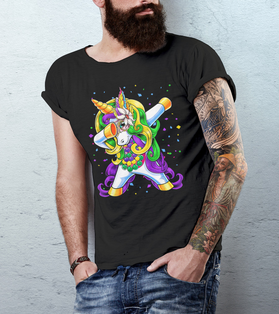 Dabbing Unicorn Mardi Gras Beads With Colorful Confetti T-Shirt