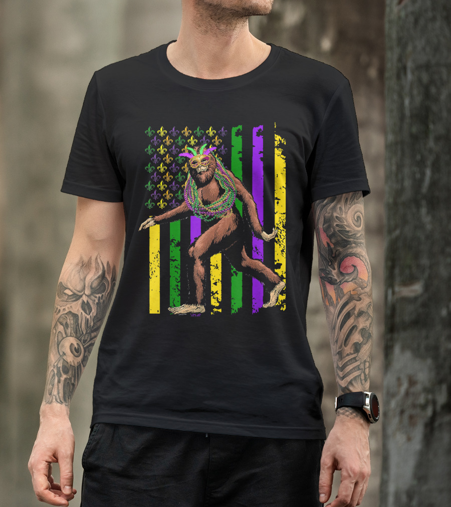 Bigfoot Mardi Gras Beads Fleur-de-Lis American Flag Stripes T-Shirt