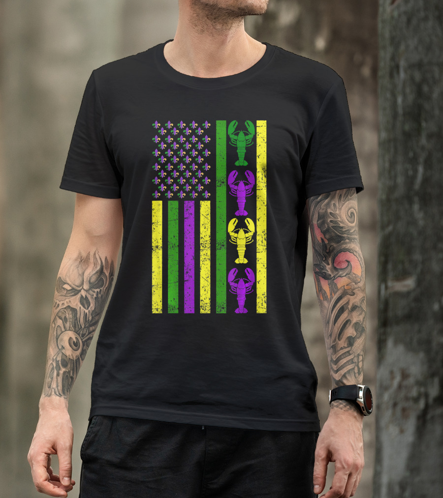 US Mardi Gras New Orleans Crawfish Fleur-de-Lis Flag T-Shirt