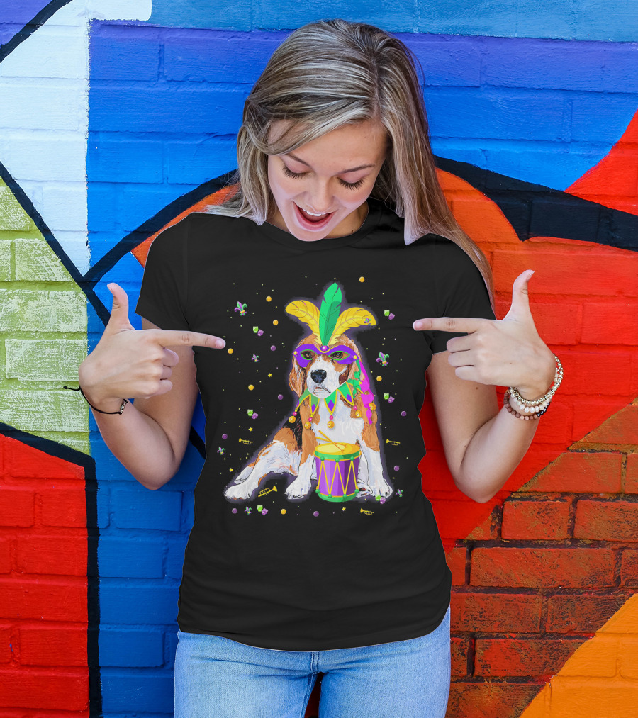 Mardi Gras Beagle In Mask With Feathers And Drum T-Shirt