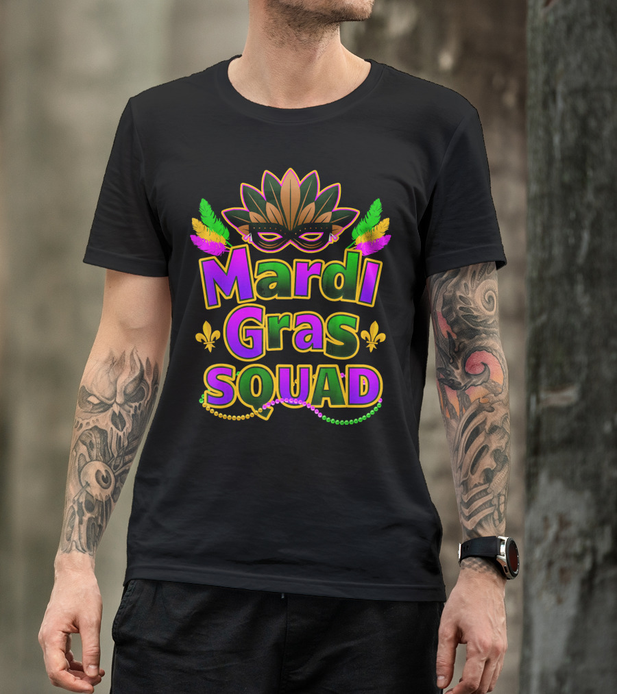 Mardi Gras Squad New Orleans Mask Beads Fleur-de-Lis Festi T-Shirt