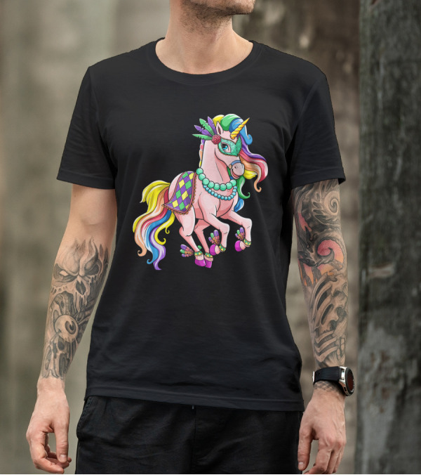 Kids Mardi Gras Unicorn With Colorful Mask And Beads T-Shirt