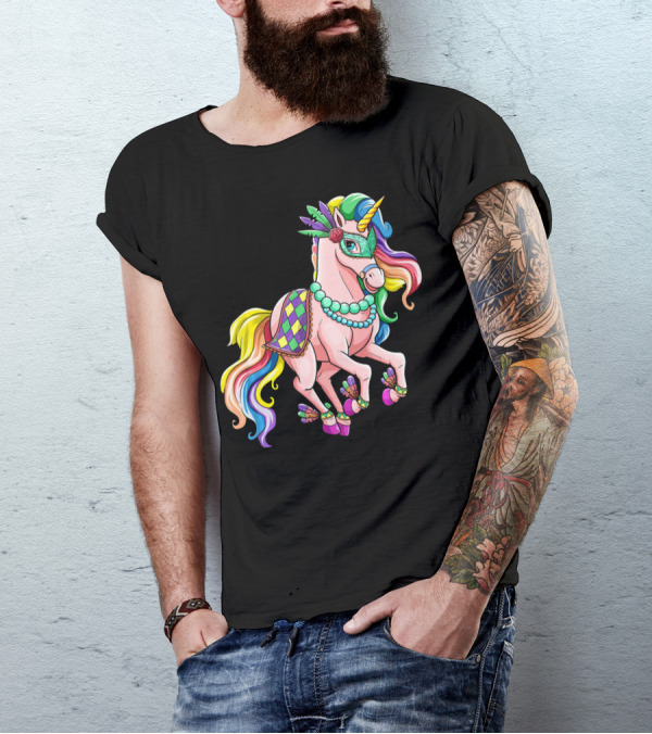 Kids Mardi Gras Unicorn With Colorful Mask And Beads T-Shirt