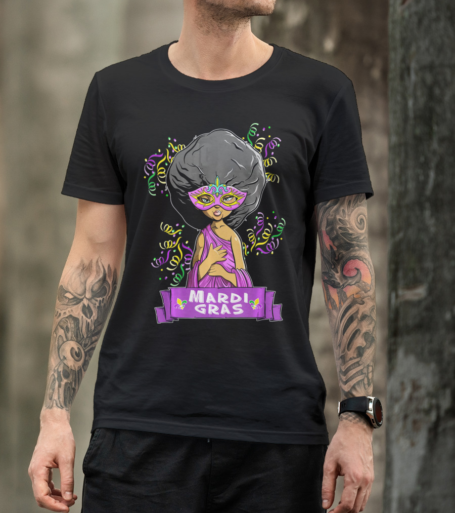 Mardi Gras Woman In Mask With Afro And Purple Dress T-Shirt
