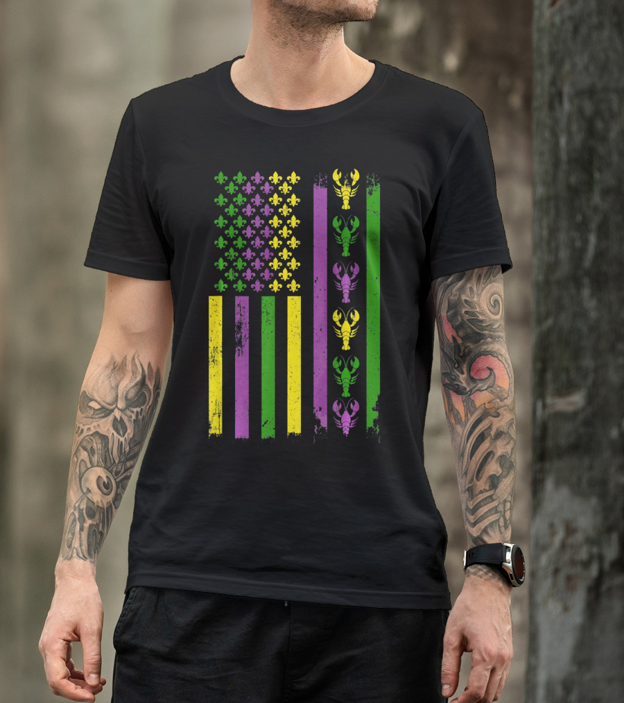 American Flag Mardi Gras Fleur-de-Lis Crawfish Stripes T-Shirt