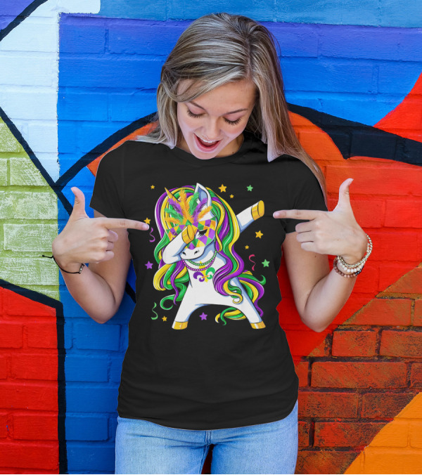 Dabbing Unicorn Mardi Gras Masquerade Beads Costume Carnival T-Shirt