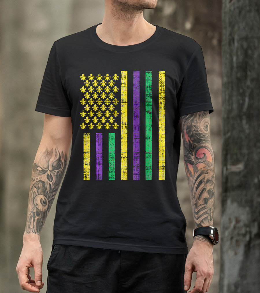 Purple Green Yellow Fleur-de-Lis US Flag Jester T-Shirt