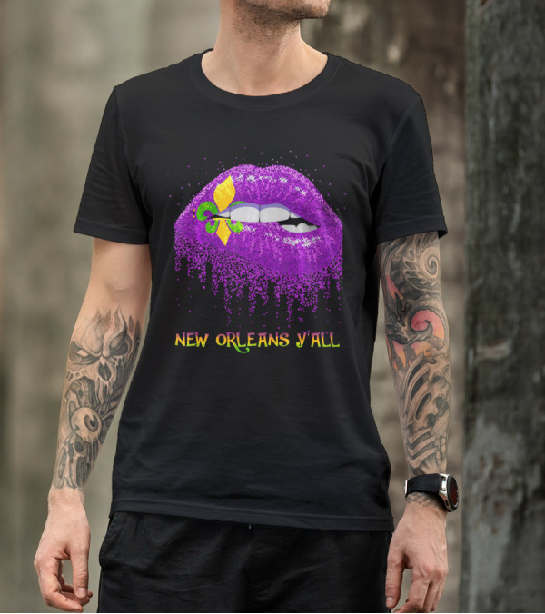 Fleur De Lys Purple Lips Biting New Orleans Y'all T-Shirt