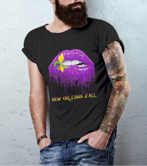 Fleur De Lys Purple Lips Biting New Orleans Y'all T-Shirt