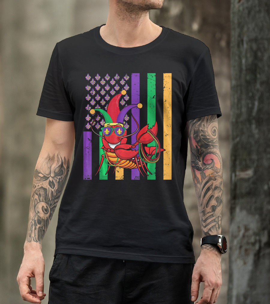 Mardi Gras Crawfish Dabbing Jester Hat Fleur-de-Lis Stripes T-Shirt