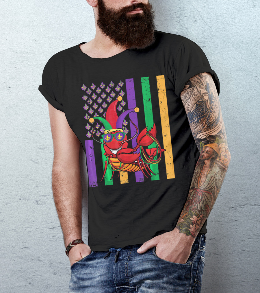 Mardi Gras Crawfish Dabbing Jester Hat Fleur-de-Lis Stripes T-Shirt