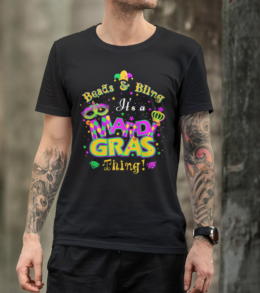 Beads And Bling It's A Mardi Gras Thing Mask Jester Crown Stars T-Shirt