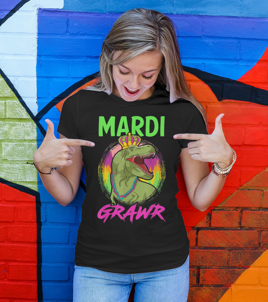 Mardi Grawr Rex Dinosaur In Beads And Crown With Rainbow Sunset T-Shirt