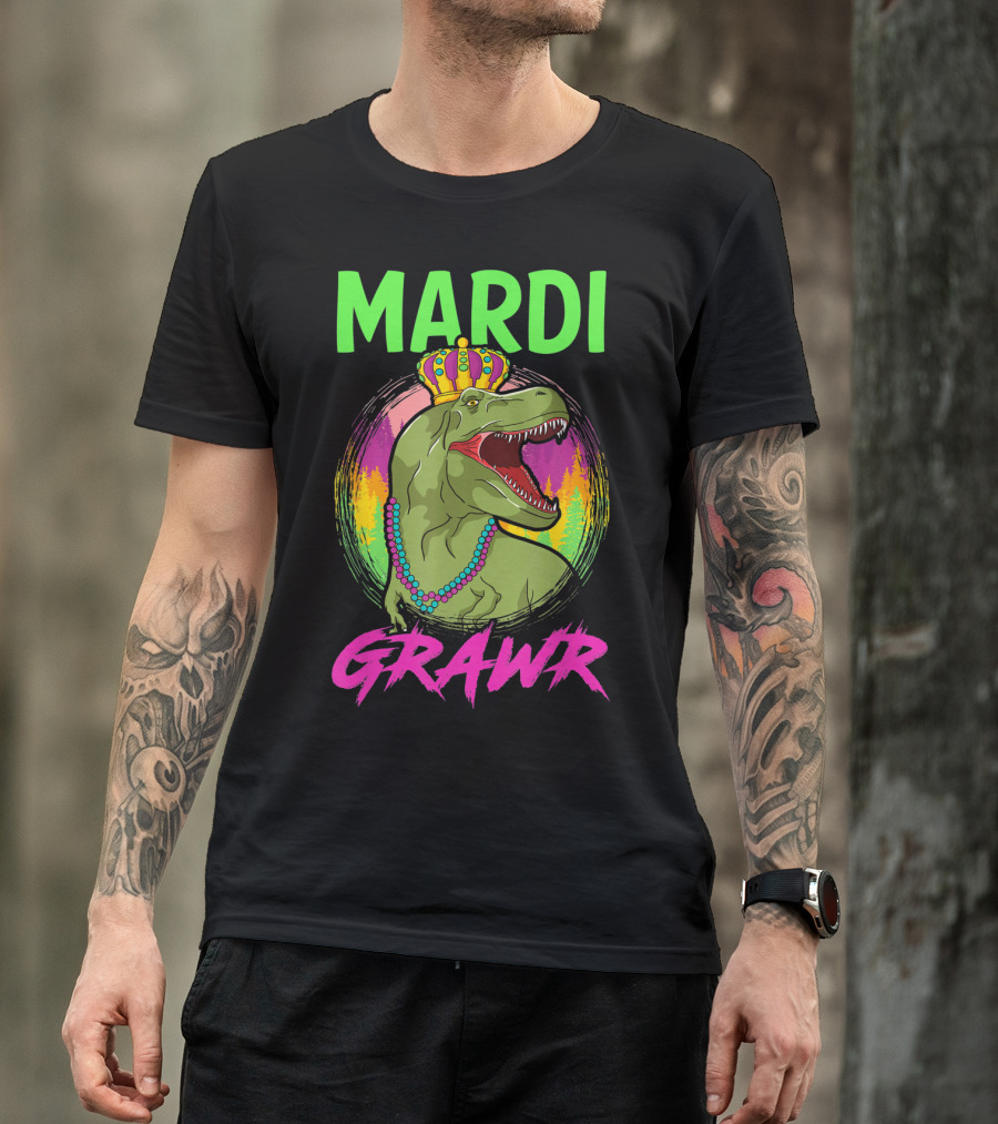 Mardi Grawr Rex Dinosaur In Beads And Crown With Rainbow Sunset T-Shirt