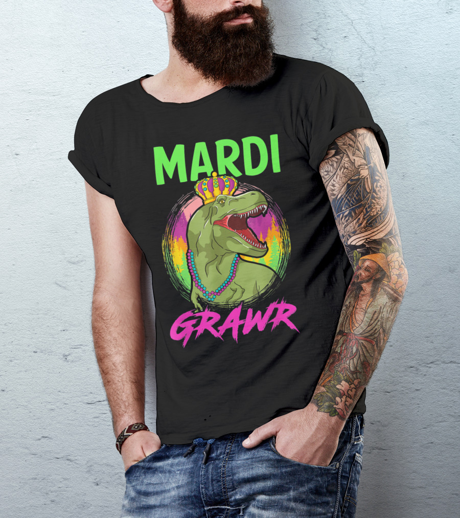 Mardi Grawr Rex Dinosaur In Beads And Crown With Rainbow Sunset T-Shirt