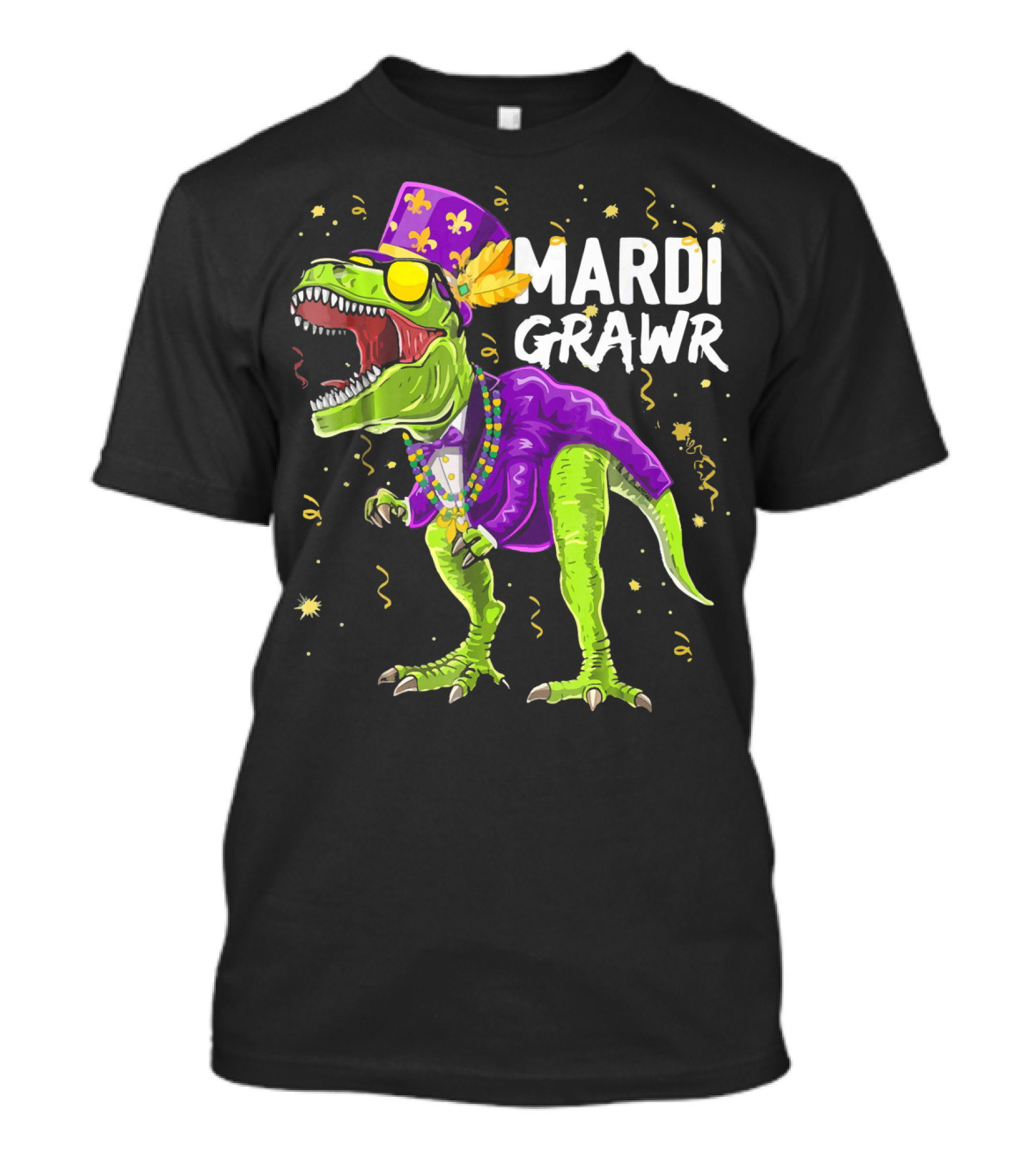 Mardi Gras Dinosaur Mardi Grawr Carnival Roaring T-Rex With Beads And Hat T-Shirt