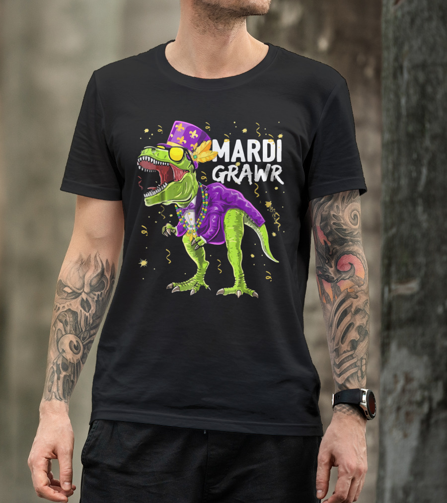Mardi Gras Dinosaur Mardi Grawr Carnival Roaring T-Rex With Beads And Hat T-Shirt