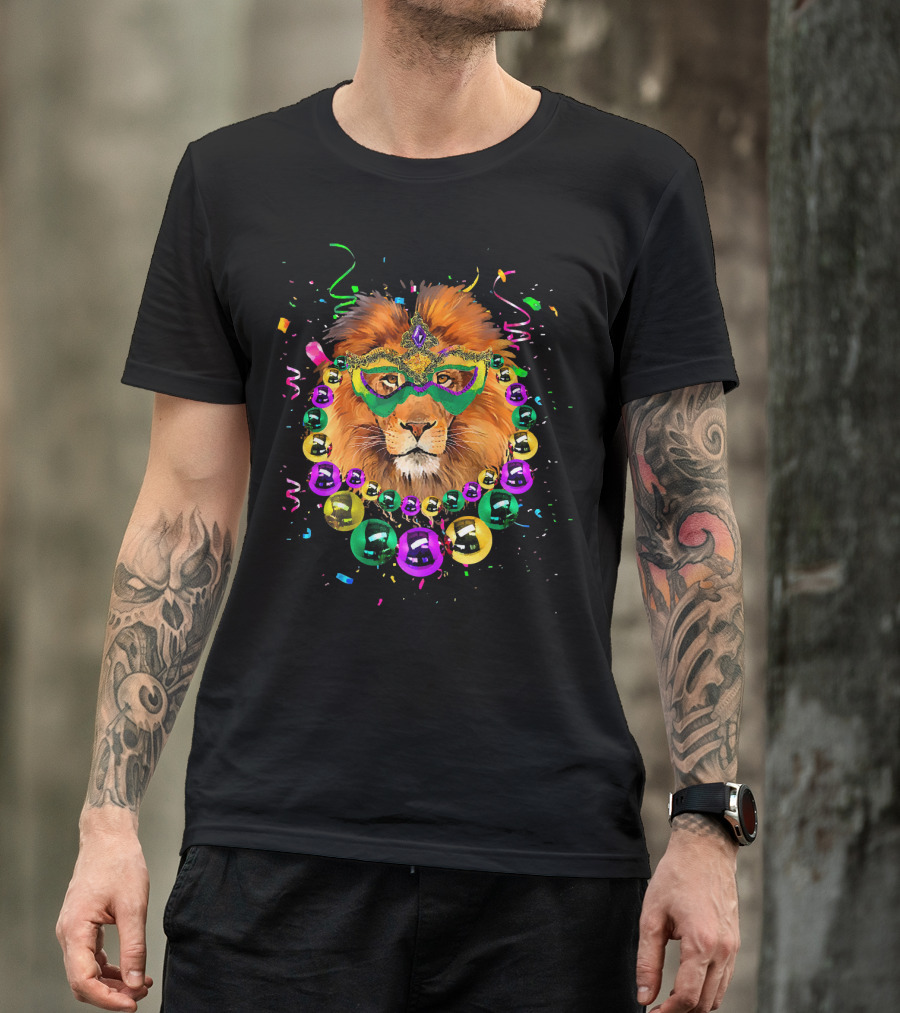 Mask And Beads Lion Mardi Gras Celebration With Colorful Confetti And Streamers T-Shirt