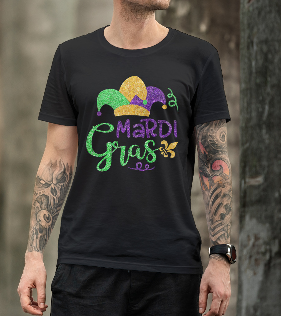 Mardi Gras Jester Hat Glitter Design Fleur-de-Lis T-Shirt