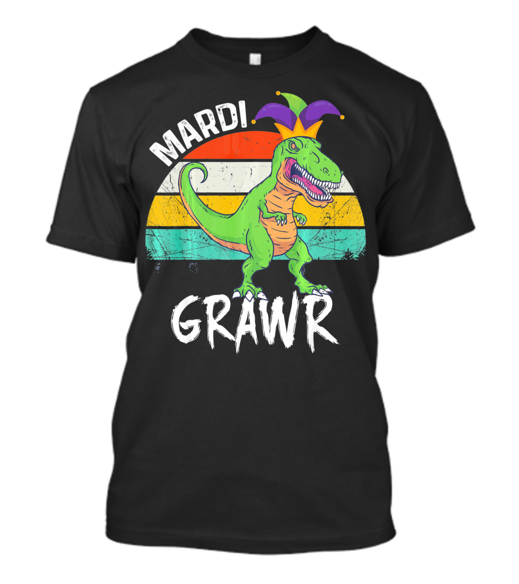 Mardi Grawr Dinosaur Wearing Jester Hat With Striped Sunset Background T-Shirt