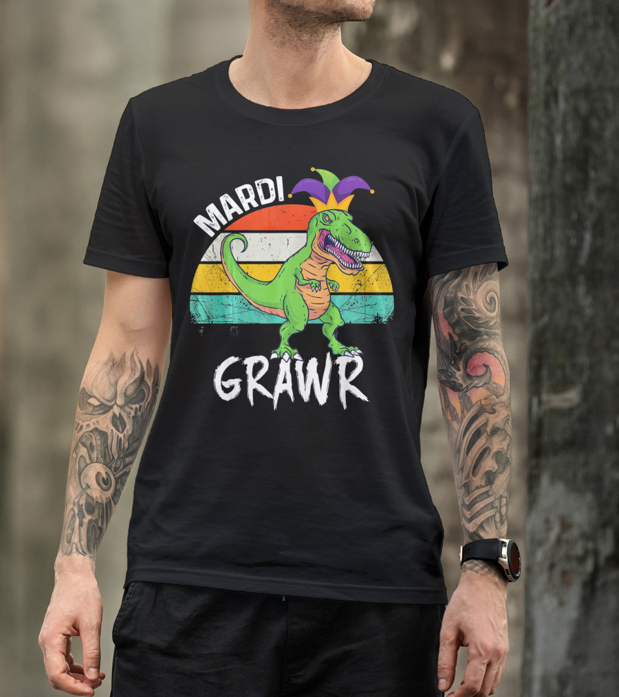 Mardi Grawr Dinosaur Wearing Jester Hat With Striped Sunset Background T-Shirt