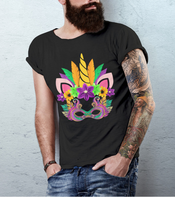 Mardi Gras Unicorn Mask With Flowers And Feathers T-Shirt