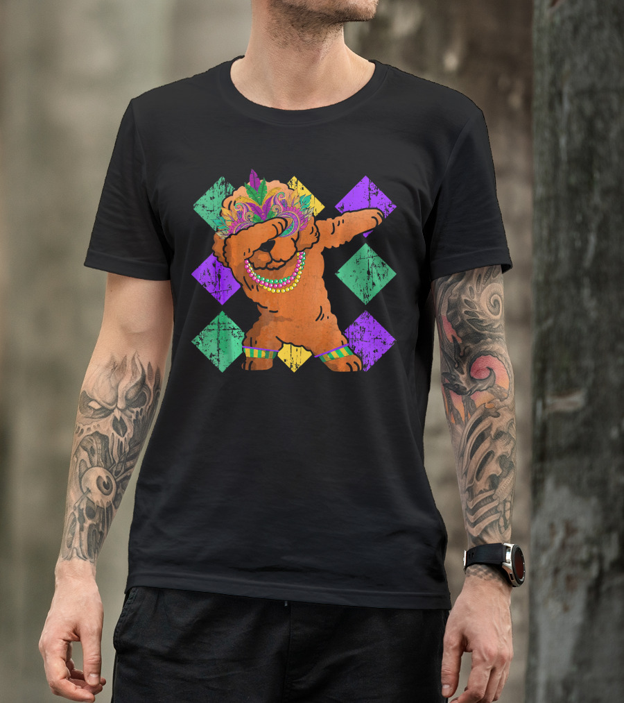 Poodle Dabbing With Colorful Mardi Gras Beads And Feather Mask T-Shirt