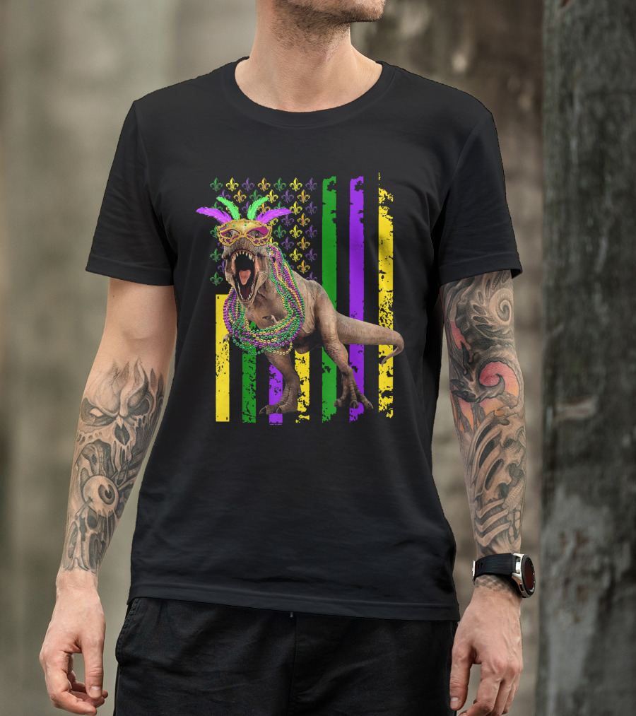 Dinosaur Mardi Gras American Flag Fleur De Lis Feathers Beads T-Shirt