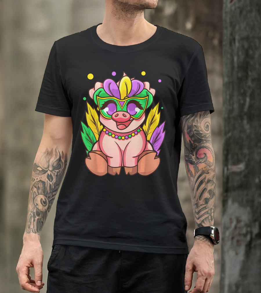 Cute Mardi Gras Pig With Colorful Mardi Gras Mask And Beads T-Shirt