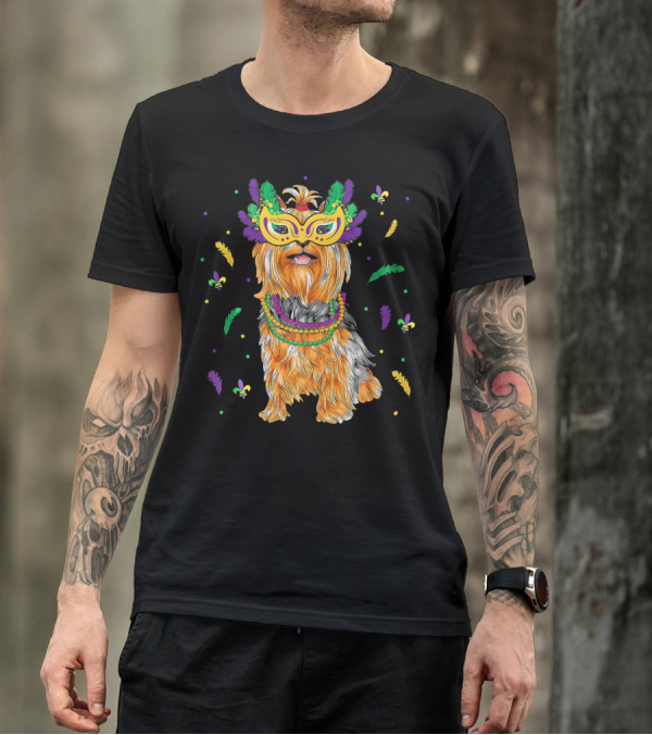 Beads Mask Yorkshire Terrier Mardi Gras Fleur De Lis Feathers T-Shirt