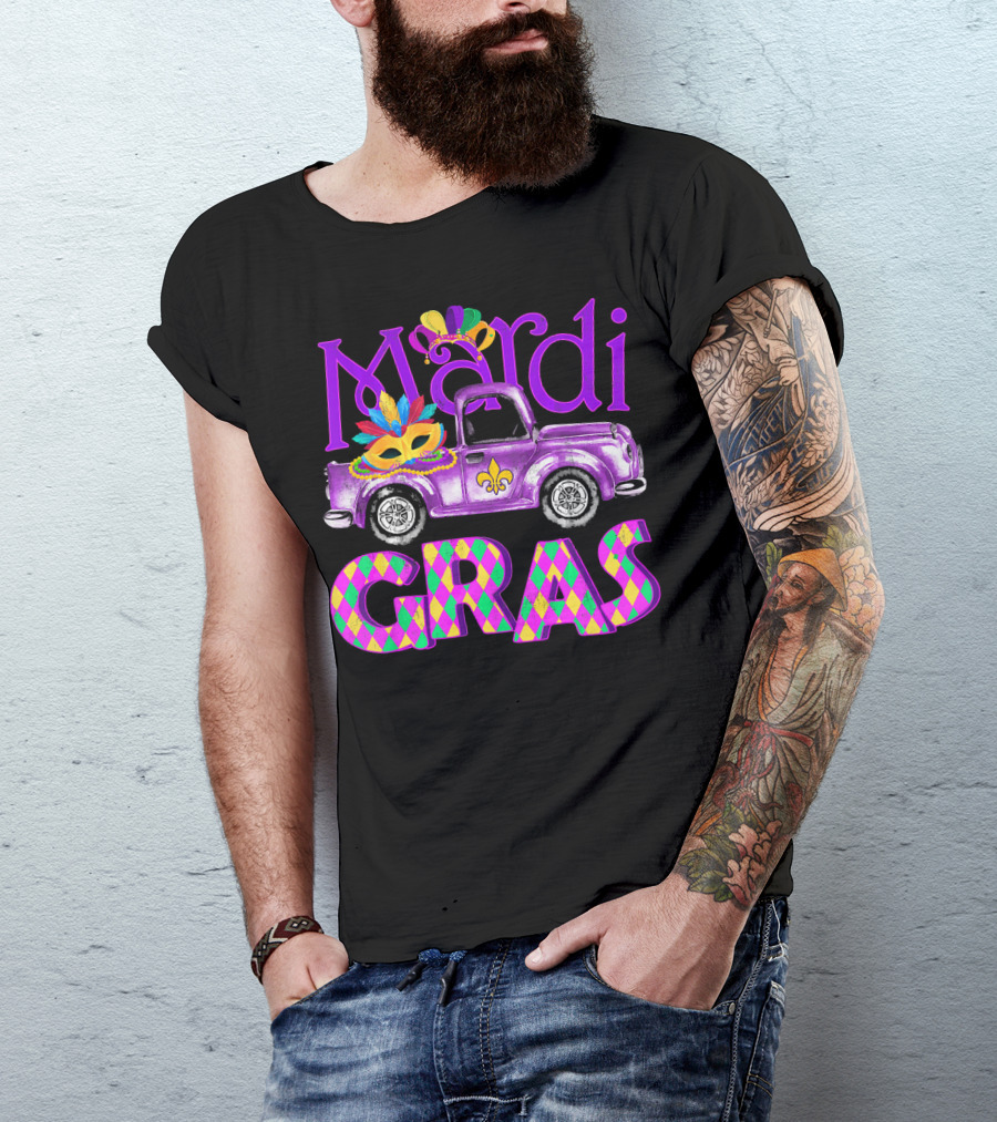 Mardi Gras Truck Mask With Colorful Feathered Costume T-Shirt
