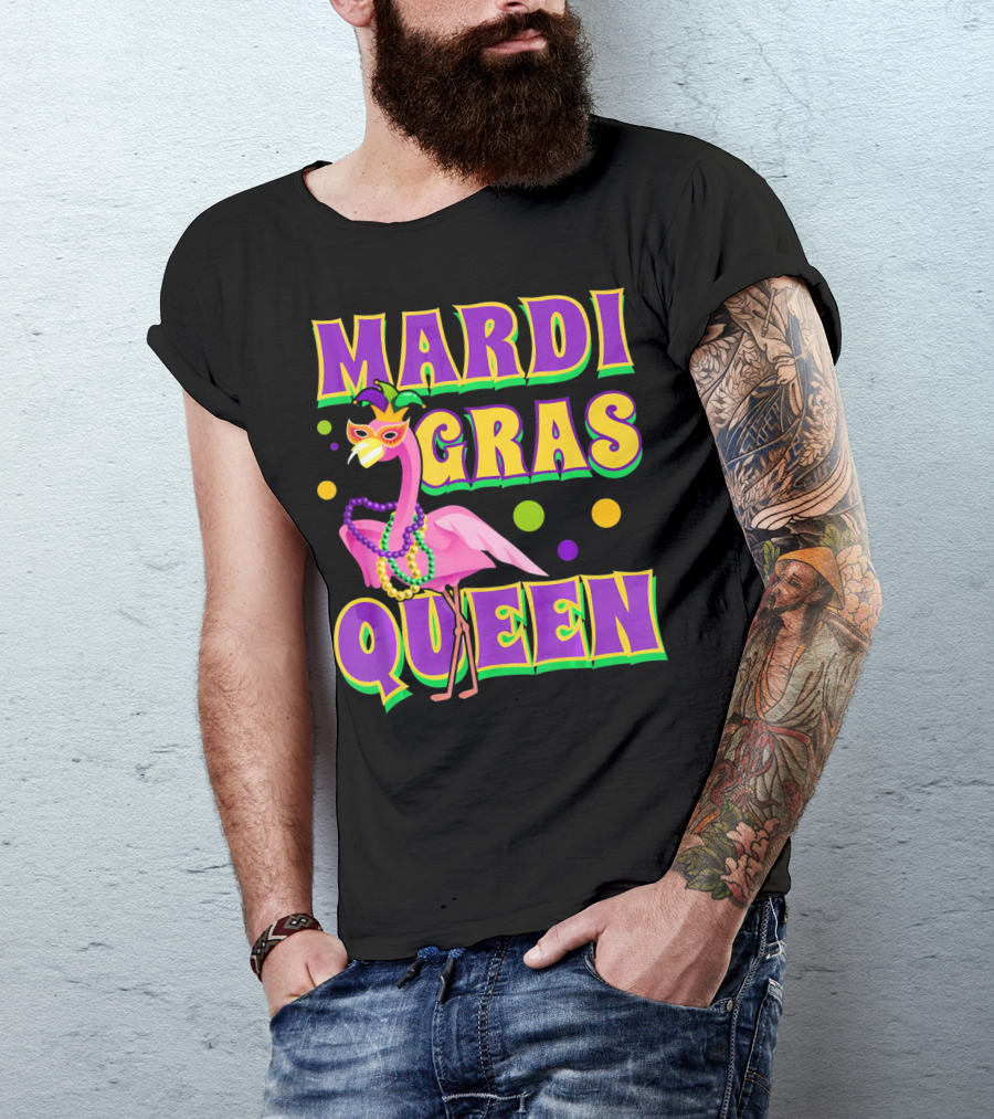 Mardi Gras Queen Fabulous Flamingo Beads And Mask T-Shirt