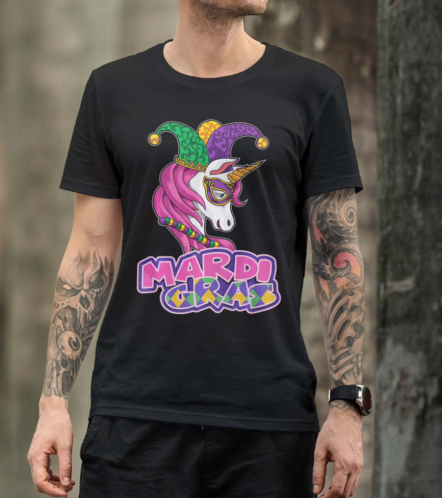 Mardi Gras Unicorn Jester Mask Carnival Lover T-Shirt